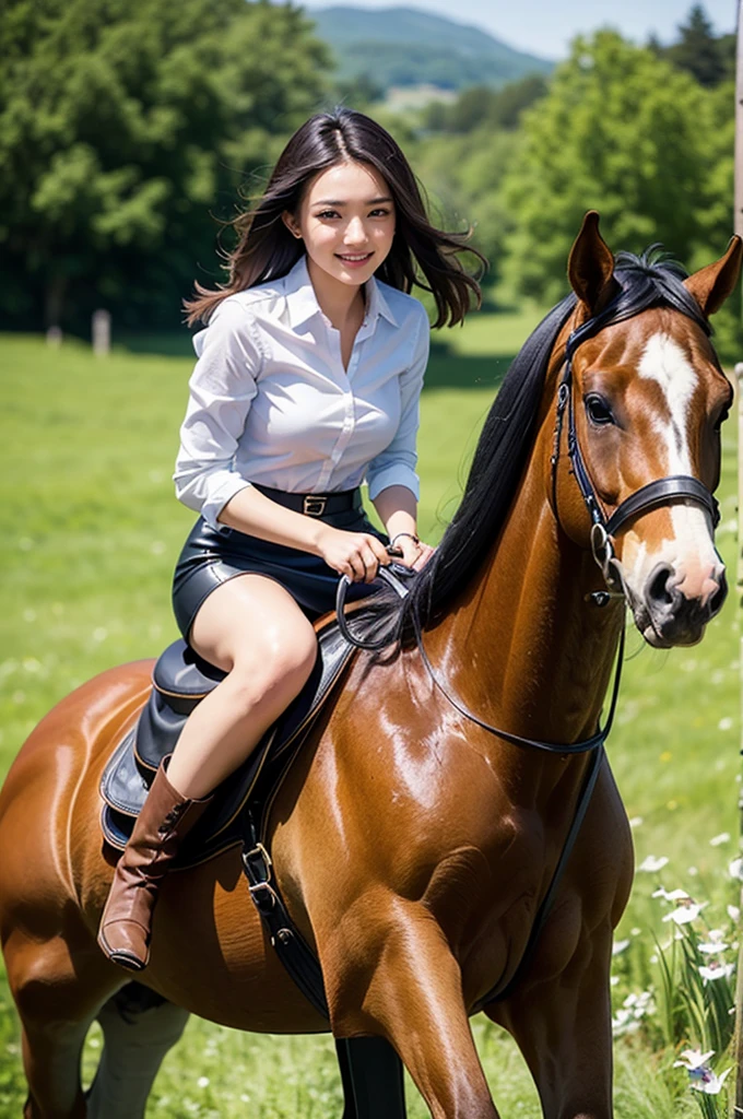 Realistic, masterpiece, Highest quality, Highest Resolution, (A woman is riding a horse in a sunny meadow:1.3), Close up on woman, 20-year-old, Sharp Eyes, Grinning, Slightly to the side, (Beautiful narrow eyes, (Iris:1.2)), (Hidden eyelid wrinkles:1.2), Thin eyebrows, Draw eyelashes carefully, Natural Makeup, (Mid-length hair, Straight Hair, Silver Hair), (White Shirt, Black leather mini skirt, Brown suede boots)