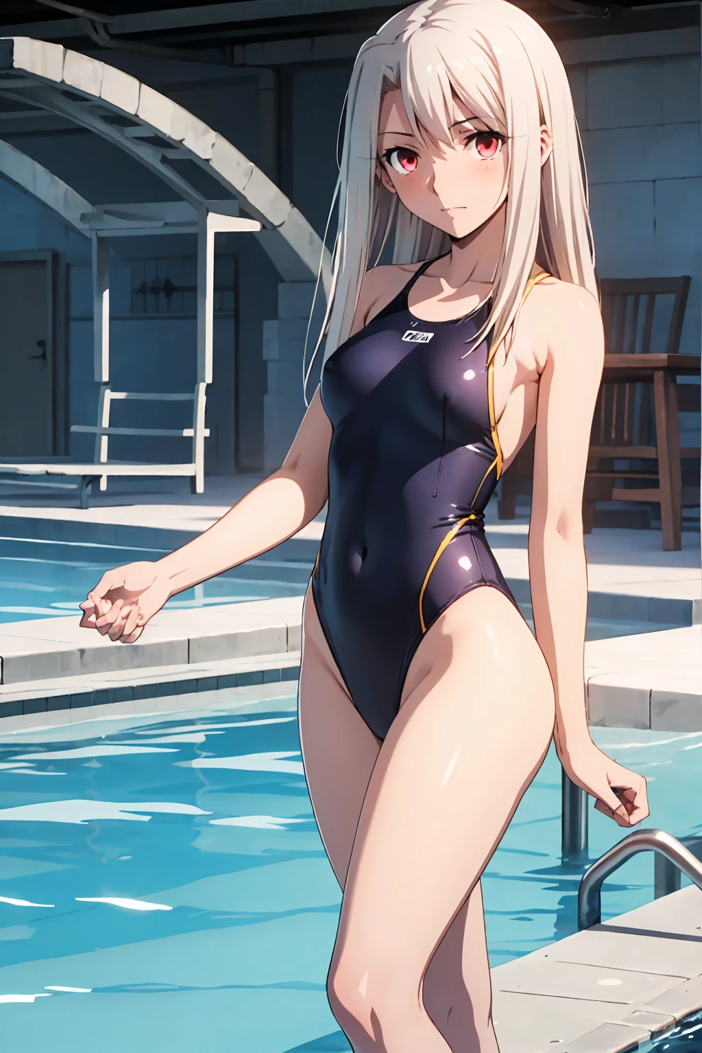 NSFW , (Highest quality:1.5, High resolution, 4K, Detailed lighting, Shaders), Illyasviel von Einzbern　alone, Cowboy Shot,Long Hair, Gray Hair, Red eyes, ((Swimsuit))＋＋　M-shaped foot　Sexy Looks　Seductive gestures　atmosphere　　Super blushing　Realistic beautiful swimming pool