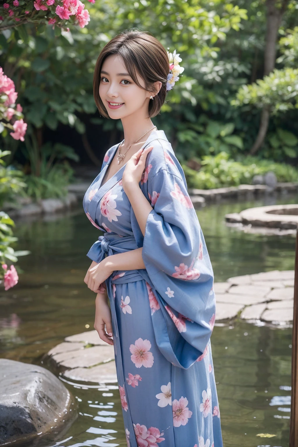 Highest quality,8K, Detailed facial depiction, Detailed description of the eyes,One Woman, Light brown hair(Short Hair),Beautiful Japanese Girl,24-years-old,Cute eyes,Cute Smile,Yukata beauty,Yukata with a dark blue floral pattern,Slender body, Large, plump breast size, Long and beautiful legs,Smiling, Colorful earrings,necklace,Are standing,Beautiful nape,Summer festival