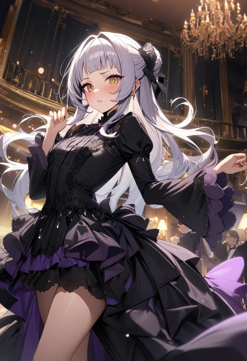 1girl, murasaki shion, hololive, masterpiece, best quality, very aesthetic, absurdres, black shiny dress, intricate detail, fancy ballroom, elegant pose, (sparkles:0.7), (white feathers:0.7), 