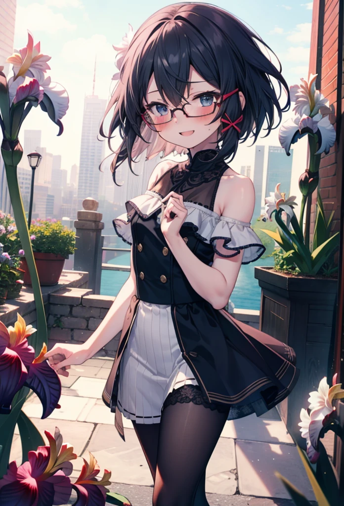 chino asada, Shino Asada, (Iris:1.5), Black Hair, Hair between the eyes, hair ribbon, short hair, Side Lock, Glasses, (Small breasts:1.2),happy smile, smile, Open your mouth,blush,Cold shoulder tops,Short sleeve,Long skirt,Black pantyhose,Stiletto heels,Walking,whole bodyがイラストに入るように,Daytime,Clear skies,
break looking at viewer,whole body,
break outdoors, Building district,
break (masterpiece:1.2), Highest quality, High resolution, unity 8k wallpaper, (figure:0.8), (Beautiful attention to detail:1.6), Highly detailed face, Perfect lighting, Highly detailed CG, (Perfect hands, Perfect Anatomy),
