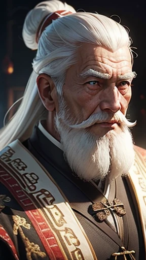 Oriental、An elderly man in plain white ancient Chinese costume、Ancient Chinese hairstyle old man、Highest quality、masterpiece、Ultra-high resolution、(Realistic:1.4)、Game Poster、Crisp and beautiful image quality、White Hair、white and long beard,、Embroidered cloth wrapped around a topknot、