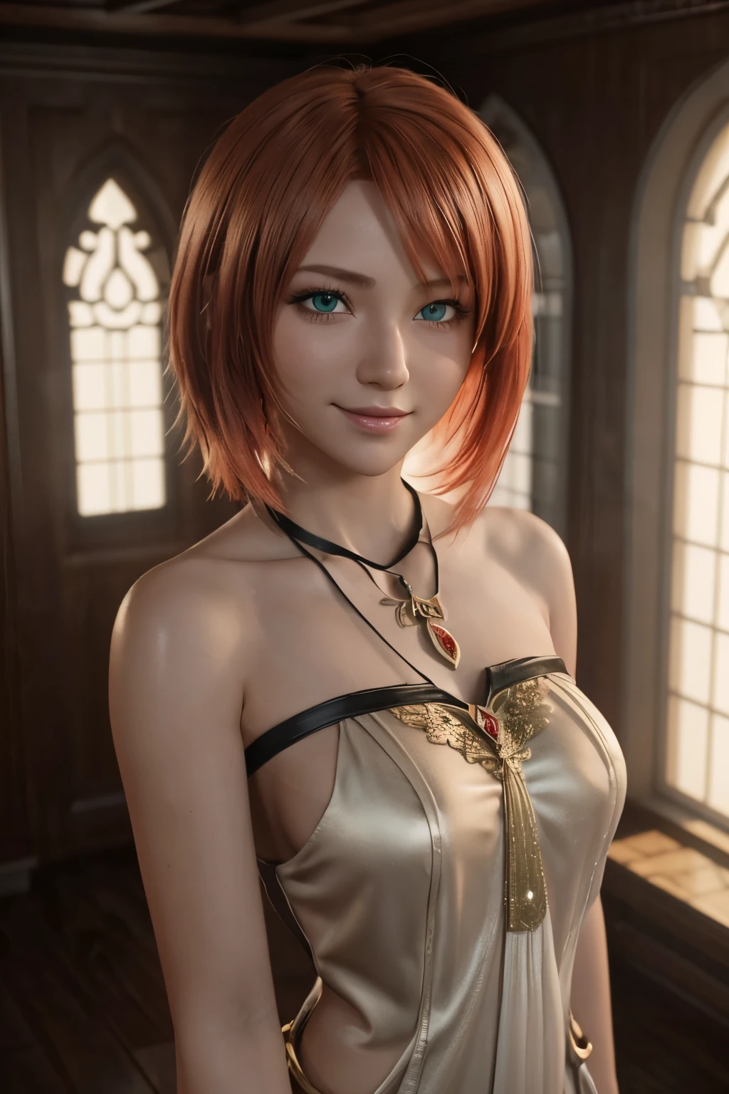 Во дворе храма. short, Red hair, green eyes, smile, girl , очки в металлической оправе. ((Elegance. Gradient. Photorealism. Unreal engine. 3D model. Ultra high quality textures. High detail. Resolution 8K))