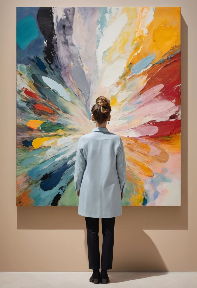 An image of a person wearing a hearing aid, shaped like a palette, standing in front of a large, abstract painting. The image primes complex emotions, cognitive evaluations, and a sense of self-expression.