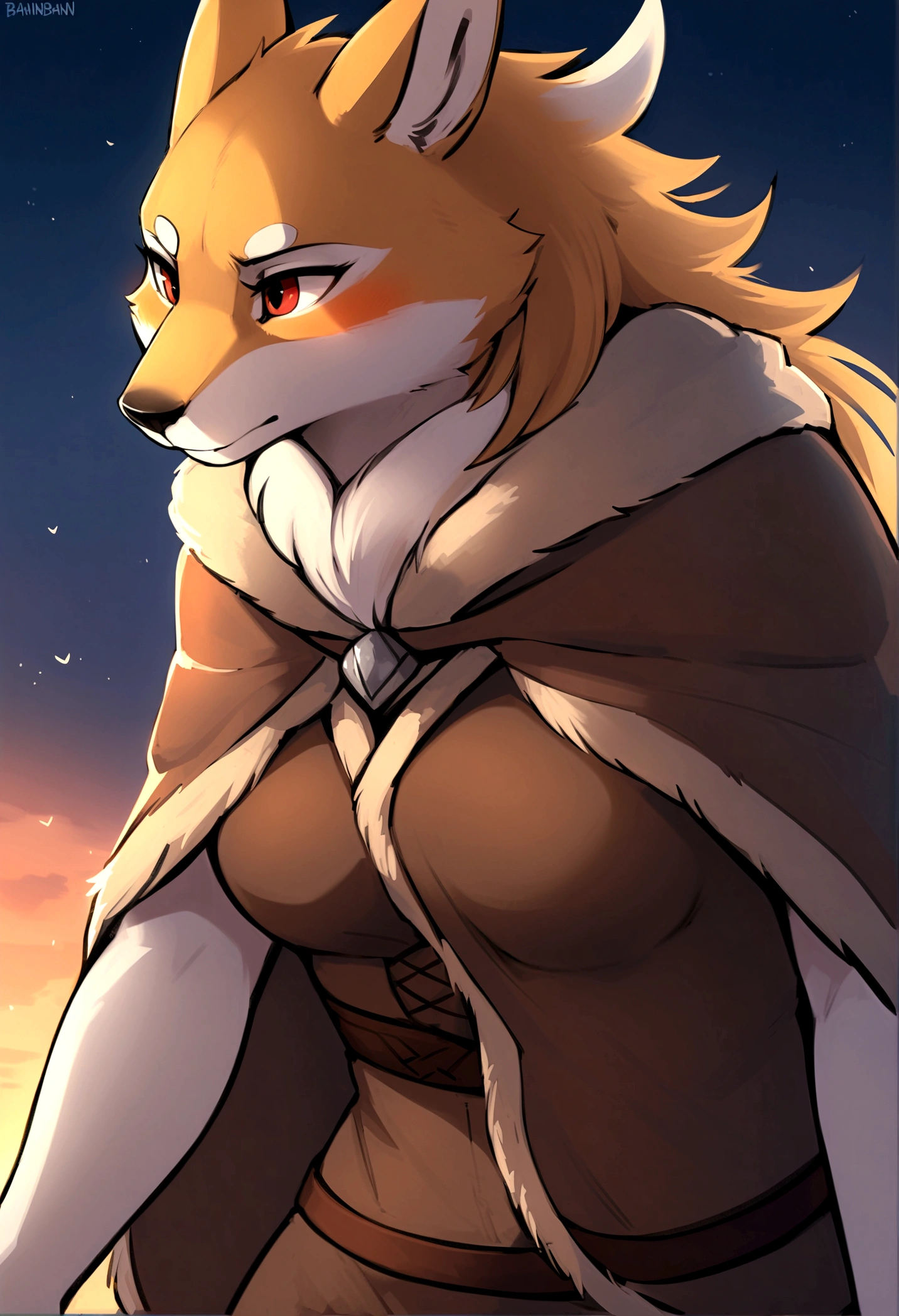 top quality, best quality, by bahnbahn, High-quality illustrations, masterpiece, shading, light)(kemono, furry anthro, alone), round, 1 female, Fenrir, viking tribe clothes, 