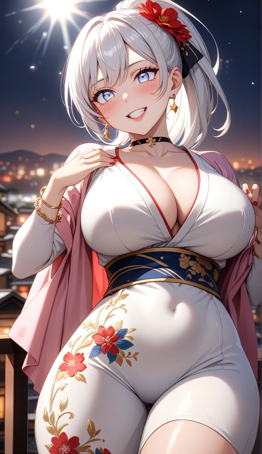 ((One personの女性)), Beautiful Face,Laughing embarrassedly,((Wink:1.9)),Laugh with your mouth wide open((Bright red cheeks:1.4)),Shiny red lips,night,rooftop,Festive decorations,You can see the ocean, firework,Laughing with your mouth open,Glossy pink lips,Lighting on the face,((Anime style background)),masterpiece, Highest quality, so beautiful,Latest, Complex details, (Pink long nails),(ring),(bracelet),(choker),AI-generated, Complex,High resolution, Highest quality, super high quality,3D Images、looking outside、3D Images,One person,Long white hair,High Ponytail,(blue eyes),Anime woman posing for a photo, ((Fine grain、Silvery white colorful eyes、Shining Eyes:1.4)),(Squint your eyes:1.1),a hyperRealistic , hyperRealistic , Realistic,Anime woman with long and white hair, Smooth anime CG art, A woman in a colorful kimono with gold embroidery, (Black long sleeve kimono),Red floral pattern,Long flower hair ornament,Big earrings,Mature Body,(Big Breasts:1.1),Tall,Abdominal muscles,Narrow waist,(Zoom in on face:1.7),Shooting from below at an angle