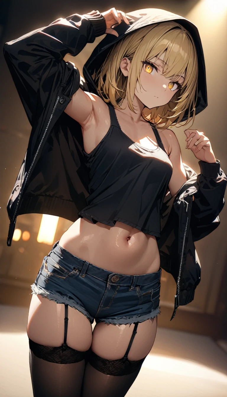 a handsome girl, solo, blond hair, yellow eyes, bright eyes, bangs, ”hood jacket”, tank top, navel, off shoulder, bare shoulders, open jacket, denim shorts, black tights, garter straps, expressionless, blurry background, perfect lighting, perfect angle, best pose, masterpiece, best quality, extremely detailed face, extremely detailed,