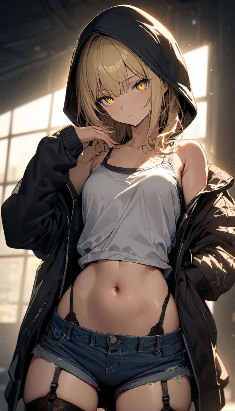 a handsome girl, solo, blond hair, yellow eyes, bright eyes, bangs, ”hood jacket”, tank top, navel, off shoulder, bare shoulders, open jacket, denim shorts, black tights, garter straps, expressionless, blurry background, perfect lighting, perfect angle, best pose, masterpiece, best quality, extremely detailed face, extremely detailed,