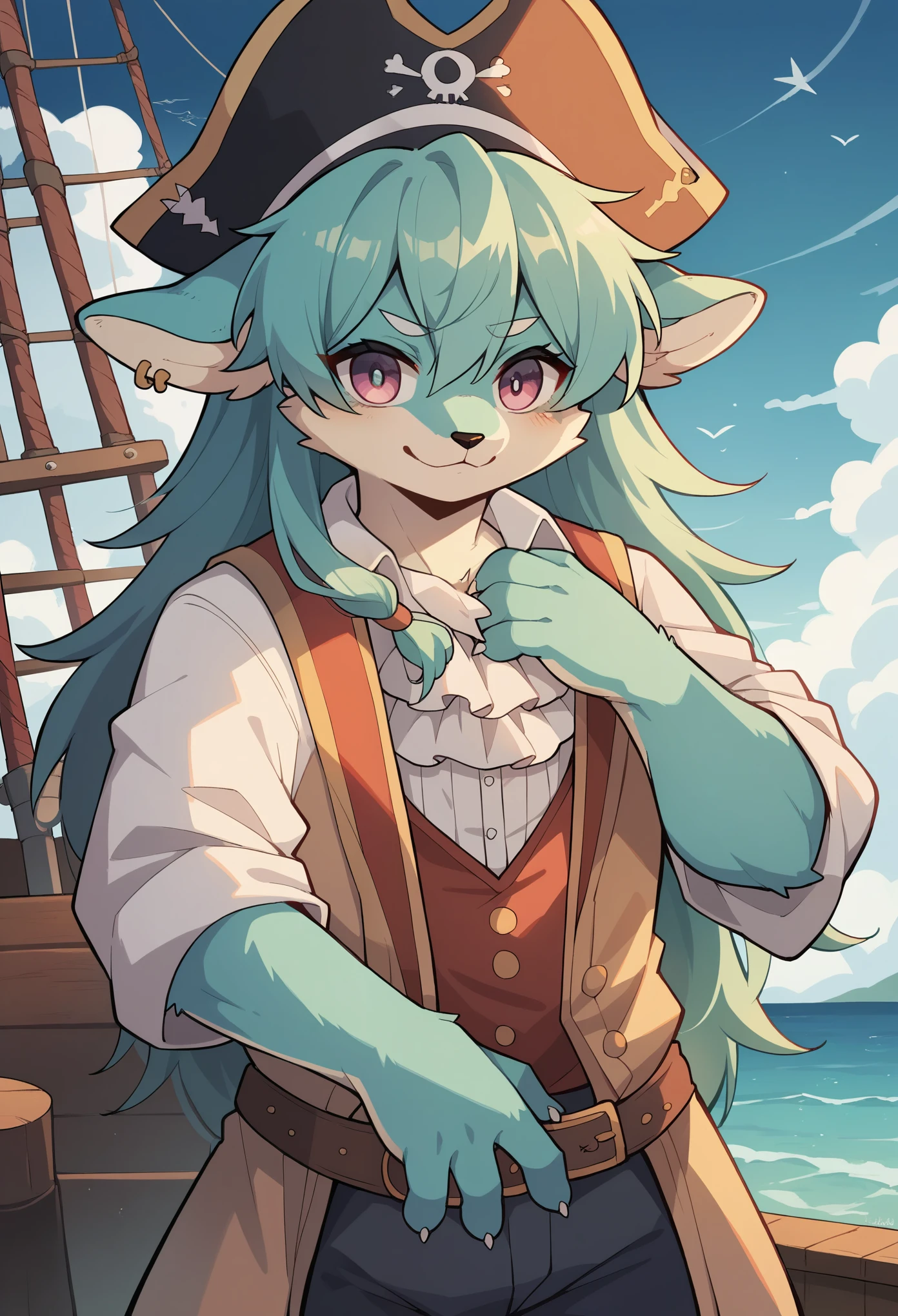 top quality, best quality, High-quality illustrations, masterpiece, super high resolution, detailed background, Hospitals with power outages, Spooky creatures, Pirate Ship, a pirate, boy, girl, absurdres(highly detailed beautiful face and eyes)perfect anatomy, expression, good lighting, cinematic shadow(kemono, furry anthro),