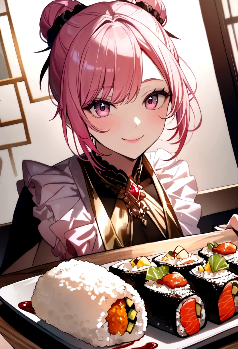 (((Luxurious golden most expensive sushi with rice and sauce))), Fried rice with shrimp, wine, photograph,((masterpiece))、(((Highest quality)))、((Super detailed))、 {Detailed and beautiful eyes}, finely,  Detailed and beautiful eyes,1 Girl, (alone:1.5),  (Hair Ribbon:0.4), Pink Eyes,Cinematic Angles,perspective,(((White bun hair))),(((Long pink hair))),smile、