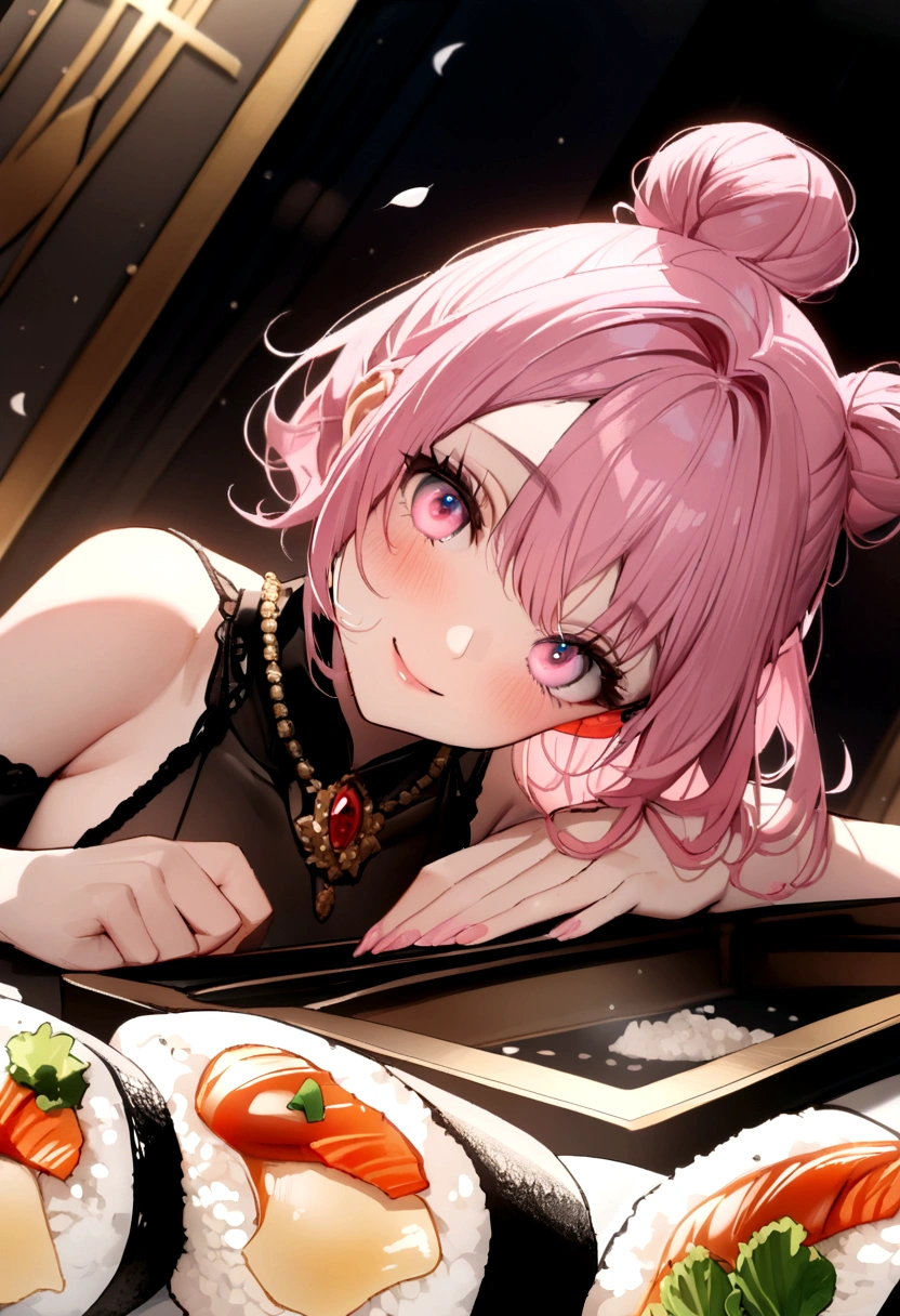 (((Luxurious golden most expensive sushi with rice and sauce))), Fried rice with shrimp, wine, photograph,((masterpiece))、(((Highest quality)))、((Super detailed))、 {Detailed and beautiful eyes}, finely, Detailed and beautiful eyes,1 Girl, (alone:1.5), (Hair Ribbon:0.4), Pink Eyes,Cinematic Angles,perspective,(((White bun hair))),(((Long pink hair))),smile、