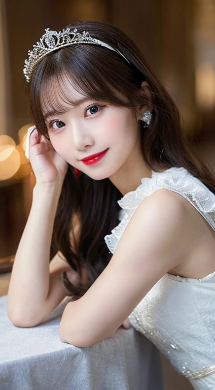 Tabletop,(Highest quality, masterpiece:1.2), Very detailed, High resolution, 8k wallpaper, Perfect dynamic composition, Beautiful and beautiful eyes, Medium Hair, Red lipstick, A shy smile, 20-year-old, Cute Woman, Cute Style, palace, 豪華なpalace、looking at the camera, dress, 豪華なdress,tiara、頭にtiara、