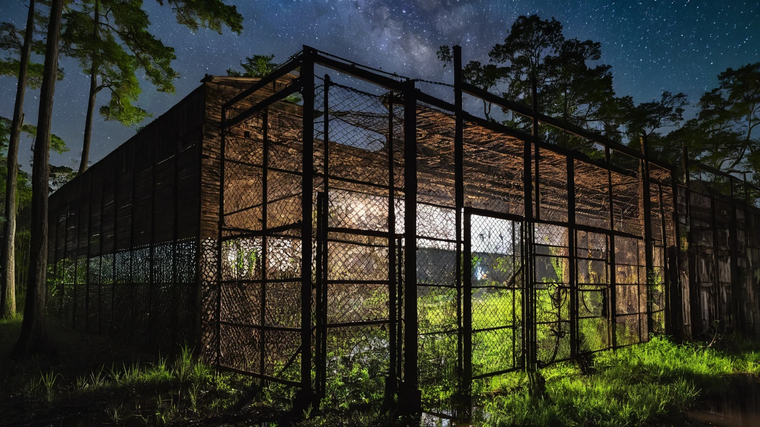 exterior façade of a old rusty metal warehouse near a murky Louisiana swamp surrounded with bald cypress trees, led flood light, old chain link fence, old stacked tires, midnight night sky, midnight
