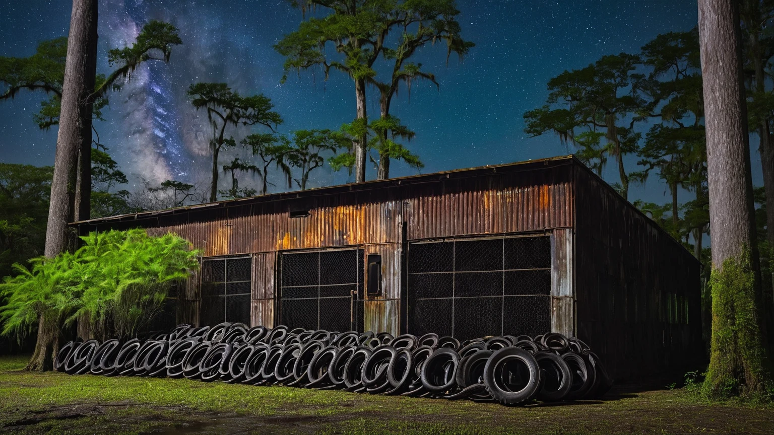 exterior façade of a old rusty metal warehouse near a murky Louisiana swamp surrounded with bald cypress trees, led flood light, old chain link fence, old stacked tires, midnight night sky, midnight