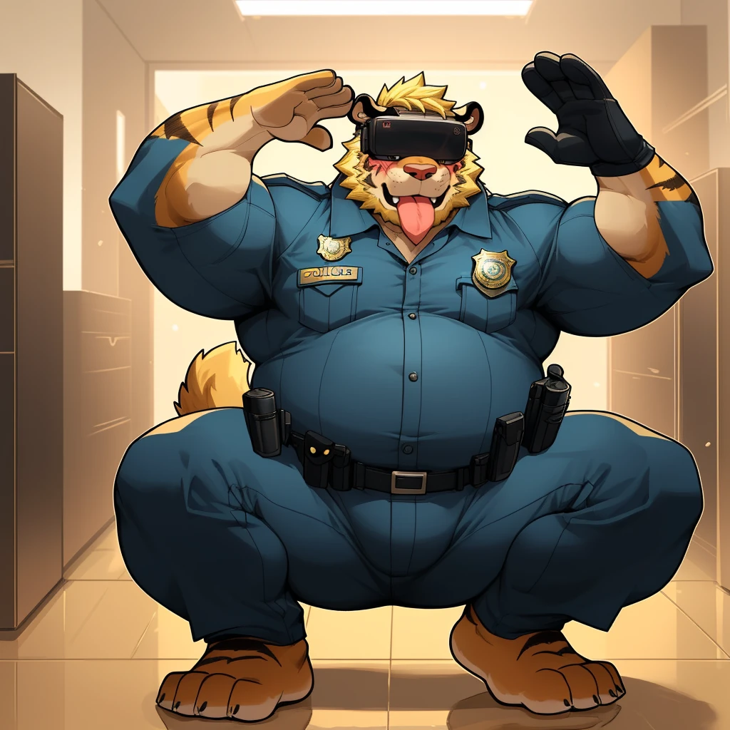 masterpiece, best quality, 8k resolution, Very detailed, hairy,(((tiger)),(((Mature))),(((beard))),(((Strong))),(((Full body golden retriever))),(((portrait))),(((Blonde hair))),(((police office))),For the audience,(((Police Uniform))),(((Squatting on the floor))),(((Tongue out))),Highest quality scene,Solitary,solitary,(((whole body))),(((Shameful))),(((Blushing))),((( VR glasses))),(((Legs apart))),(((right hand salute))),((Fat-enclosed muscle)),(((Round face))),(((alone))),(((Strong body))),(((Hip bulge)))