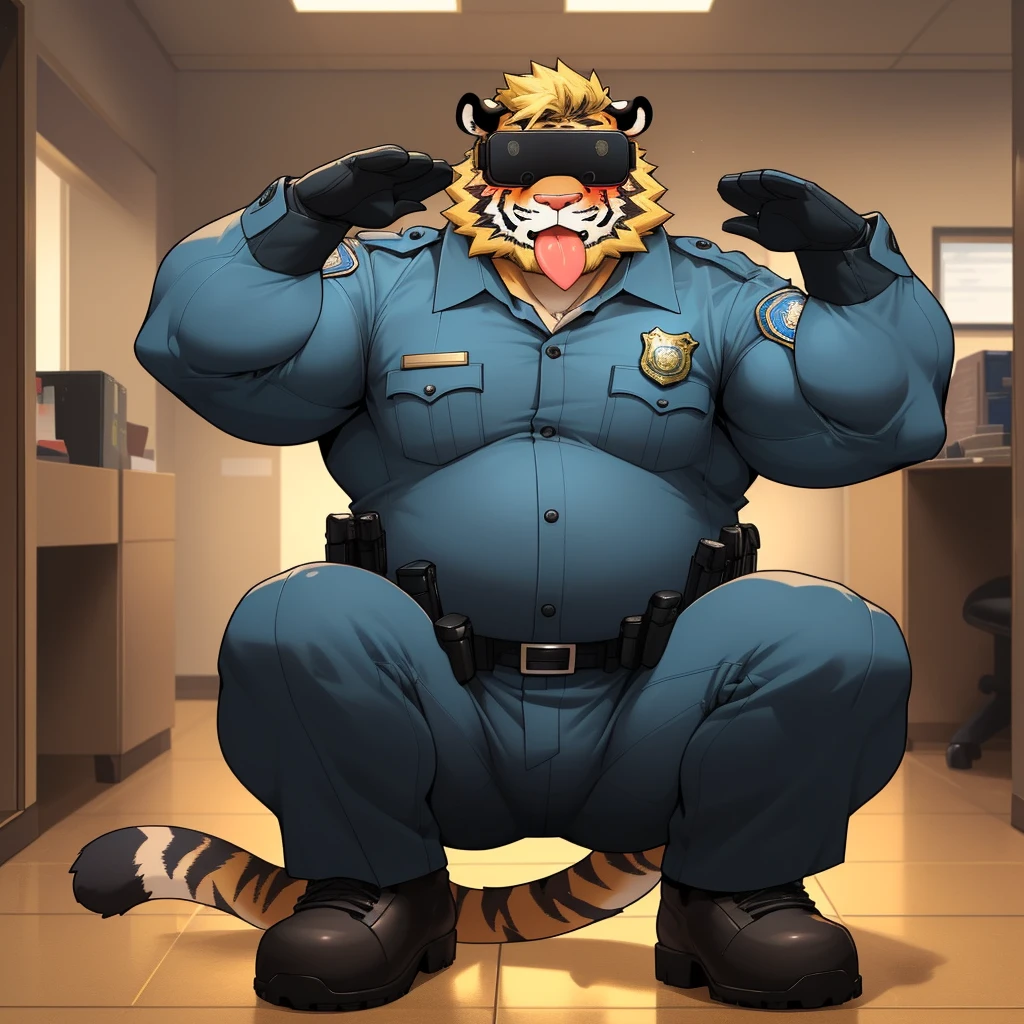 masterpiece, best quality, 8k resolution, Very detailed, hairy，(((tiger))，(((Mature)))，(((beard))),(((Strong)))，(((Full body golden retriever)))，(((portrait)))，(((Blonde hair)))，(((police office)))，For the audience，(((Police Uniform))),(((Squatting on the floor)))，(((Tongue out)))，Highest quality scene，Solitary，solitary，(((whole body)))，(((Shameful)))，(((Blushing)))，((( VR glasses))),(((Legs apart)))，(((right hand salute)))，((Fat-enclosed muscle))，(((Round face)))，(((alone)))，(((Strong body)))，(((Hip bulge)))