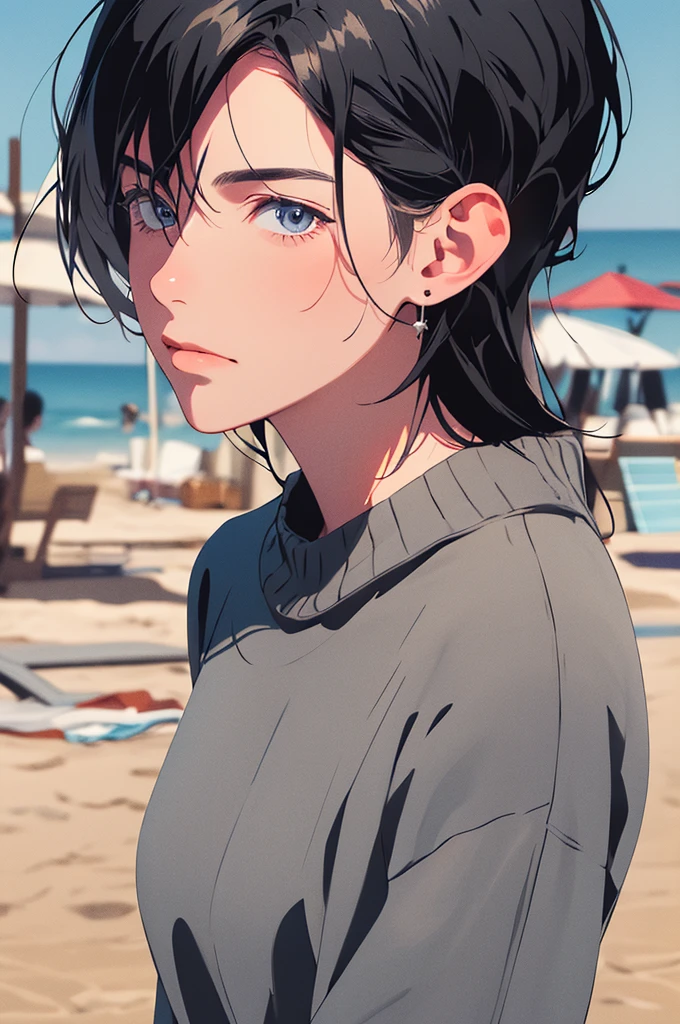 (masterpiece:1.3),(best quality:1.2),(absurdres:1.1), (full body:1.1), black hair, large sweater, no pants, covered ears,looking at viewer,
(highly detailed face and eyes:1.1),standing at the beach, simple background,