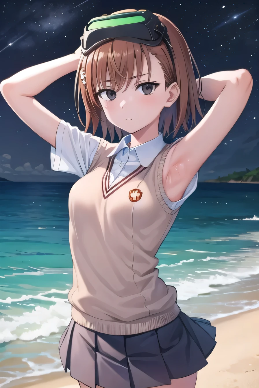 misaka imouto, short hair, brown hair, black eyes, empty eyes, goggles, goggles on head, head-mounted display, , sweater vest, shirt, skirt, white shirt, pleated skirt, v-neck, short sleeves, tokiwadai, solo, night sky, beach, arms behind head, contrapposto, spread armpits, closed mouth, upper body, looking at viewer,