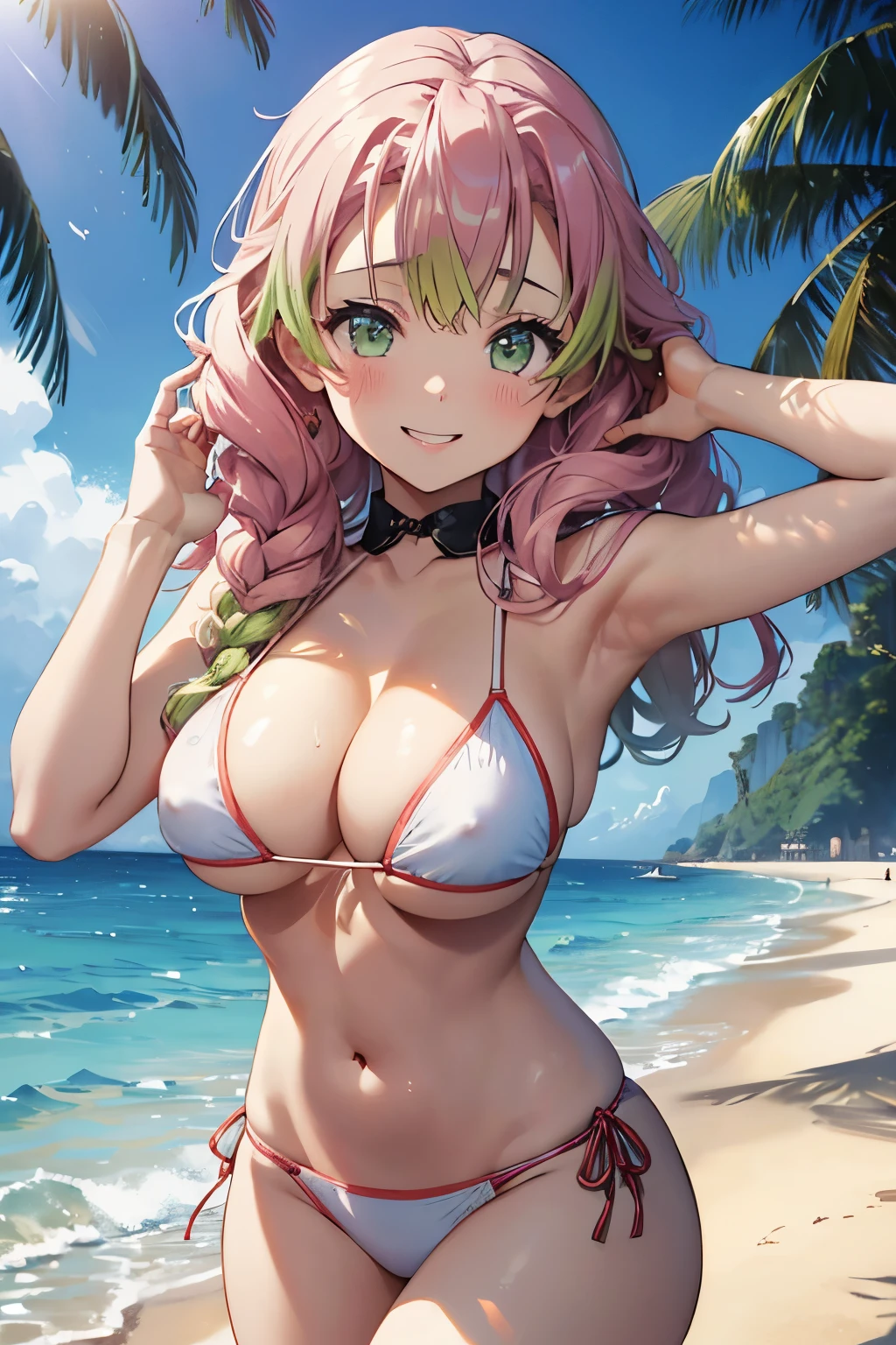 (8K、masterpiece、Highly detailed background、high resolution)、(Mitsuri Kanroji)、Cleavage、(beach、White Bikini、Swim ring、Gravure pose、Embarrassed smile、Nipple protrusion)