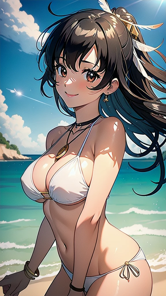 masterpiece, best quality, 1 solo girl, black hair, brown eyes, medium hair, medium breasts, sexy body and face, wavy hair, smile, white bikini, pendant, bracelet, jewelry, earrings, feather hair ornament, ball, lying at the sand, summer, sexy pose, cowboy shots, detailed body, face, and eyes, sharp focus, vibrant, creative, dynamic, high definition, high resolution, 8k, (Upscale: R-ESRGAN 4x+ Anime6mage enchance:4x), voluptuous body, cinema lightning, dakimakura style, looking at the viewer,