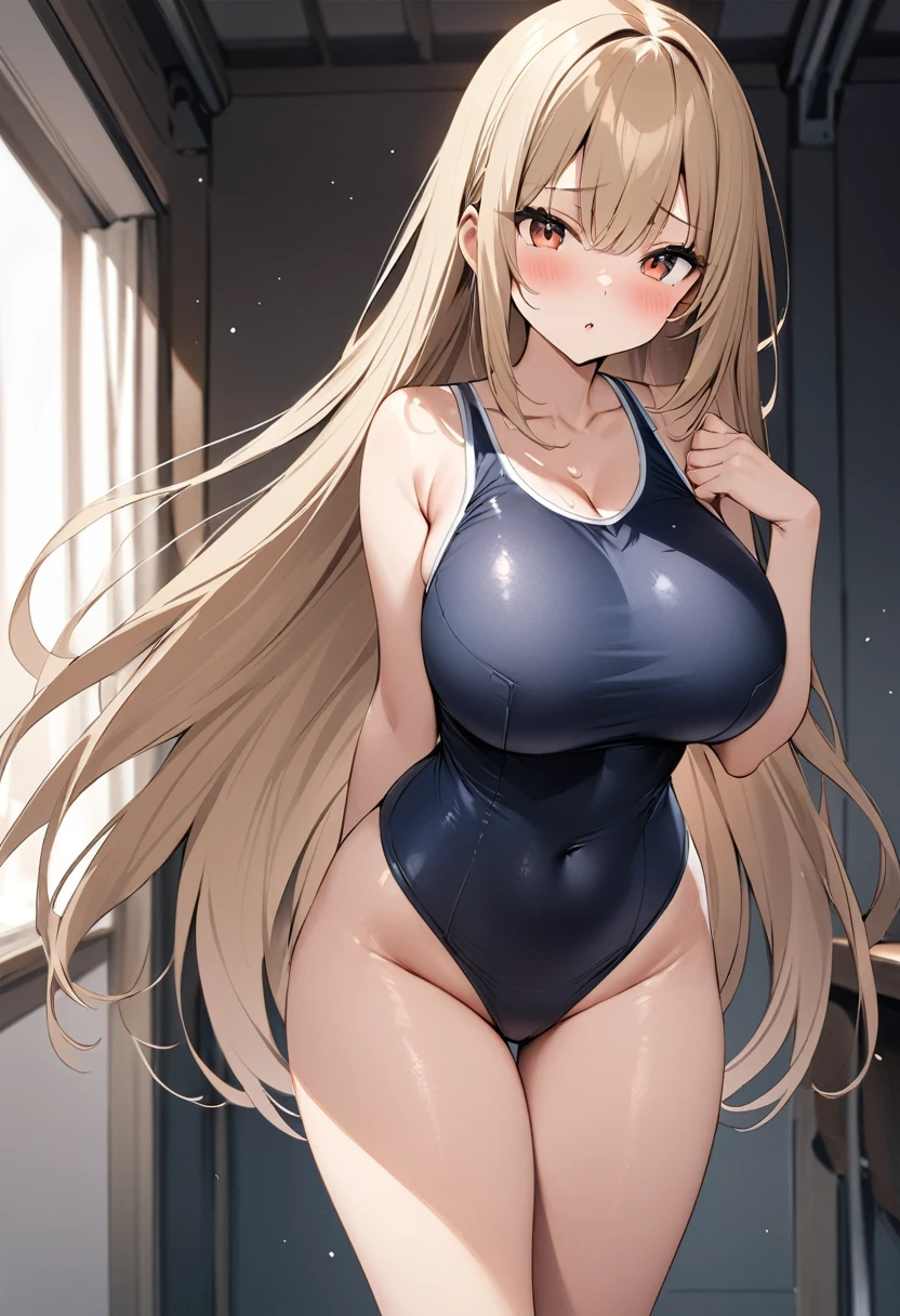 masterpiece、Highest quality、Best image quality、High resolution、Big Breasts、Beige hair、Long Hair、Black school swimsuit、Muji school swimsuit