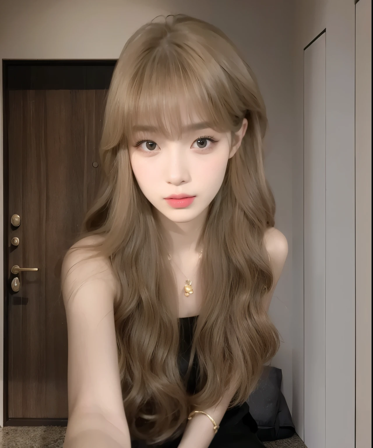 masterpiece,Best quality,Girl in black tube top dress,Honey brown hair,Very curly hair,Flowing long hair,Long curly hair,Cool Girl,A girl,Exquisite facial features,