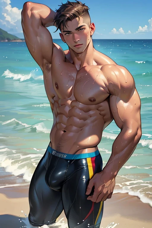 ((Best Quality, 8K, ultra-detailed, Masterpiece: 1.3)), 1boy, shiny skin, sharp, Perfect Body Beauty, realistic shaded perfect body, (cute baby face:1.1),("bikini, big bulge ":1.2),(dynamic pose:1.1), thigh , (bulge focus:1.2) , wet skin , laying