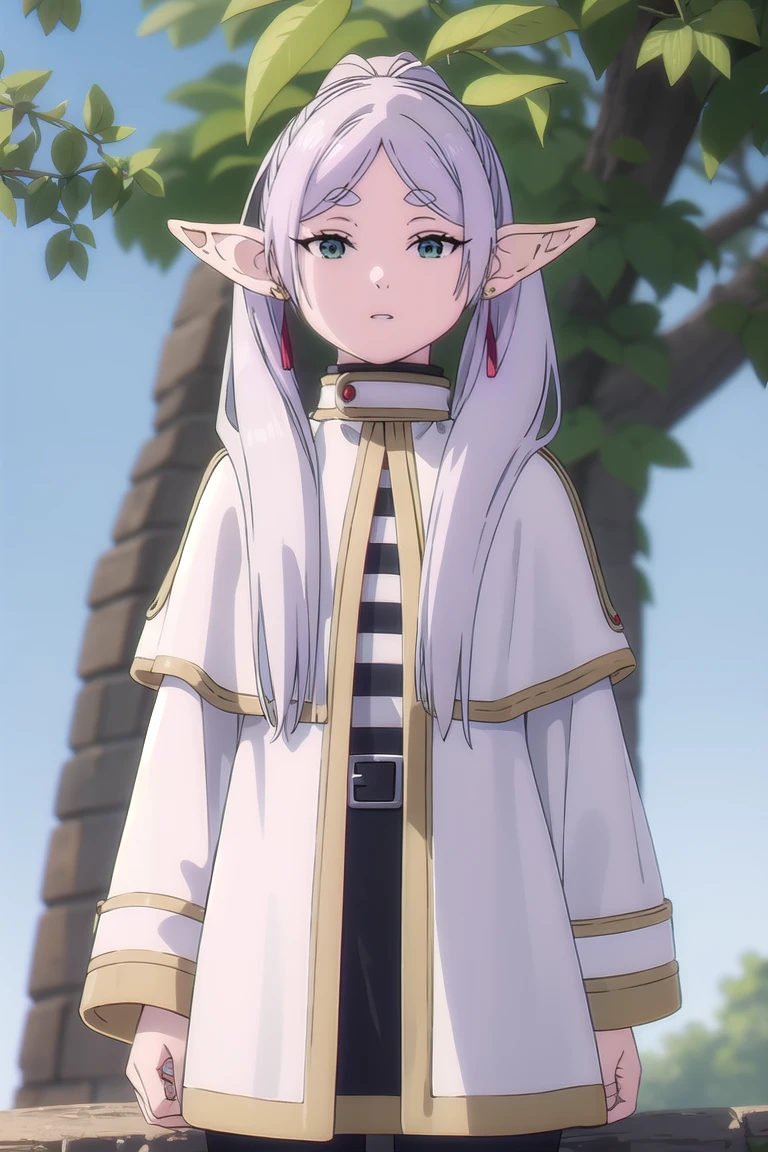 to freeze, to freeze, long hair, ponytail, (green eyes:1.5), White hair, pointed ears, elf,
BREAK shirt, long sleeves, jewelry, Tights, earrings, striped, black Tights, lure, striped shirt,
BREAK looking at viewer, upper body, whole body,
BREAK outdoors, sky, nature,
BREAK (masterpiece:1.2), Best quality, A high resolution, unity 8k wallpaper, (illustration:0.8), (beautiful detailed eyes:1.6), very detailed face, perfect lighting, extremely detailed computer graphics, (perfect hands, Ideal Anatomy),