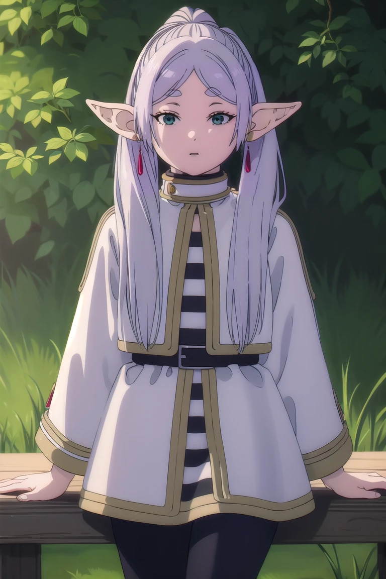 to freeze, to freeze, long hair, ponytail, (green eyes:1.5), White hair, pointed ears, elf,
BREAK shirt, long sleeves, jewelry, Tights, earrings, striped, black Tights, lure, striped shirt,
BREAK looking at viewer, upper body, whole body,
BREAK outdoors, sky, nature,
BREAK (masterpiece:1.2), Best quality, A high resolution, unity 8k wallpaper, (illustration:0.8), (beautiful detailed eyes:1.6), very detailed face, perfect lighting, extremely detailed computer graphics, (perfect hands, Ideal Anatomy),