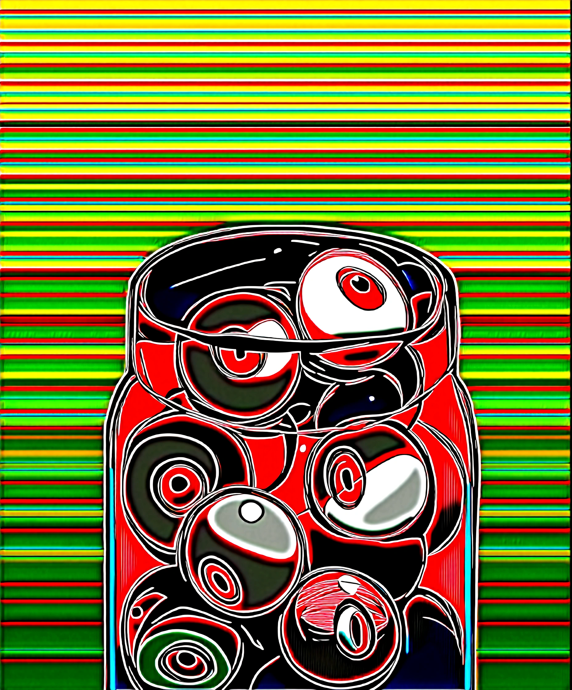 a glass jar filled with eyeballs, ((eyeballs)), blood, early morning
