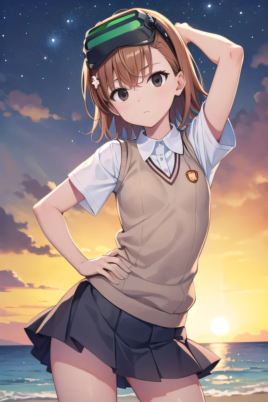 misaka imouto, short hair, brown hair, black eyes, empty eyes, goggles, goggles on head, head-mounted display, sweater vest, shirt, skirt, white shirt, pleated skirt, v-neck, short sleeves, tokiwadai, solo, night sky, beach, arm behind head, hand on hip, contrapposto, spread armpits, closed mouth, (cowboy shot:1.5), looking at viewer,