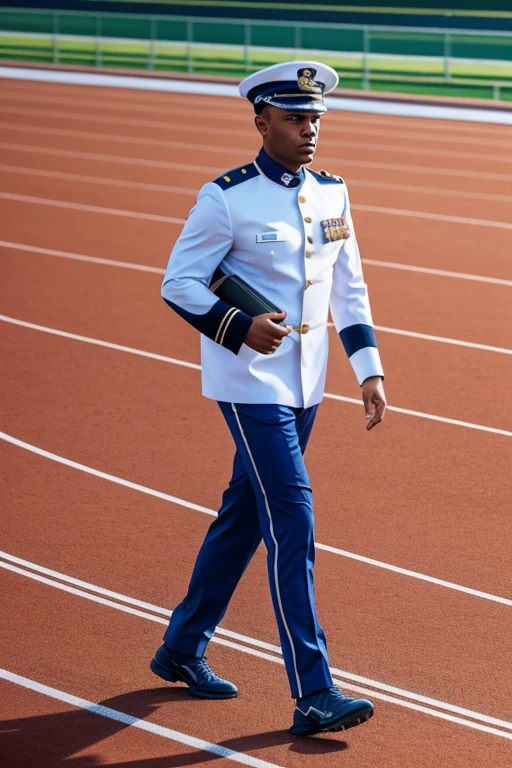 Ship captain in full uniform walking on running track