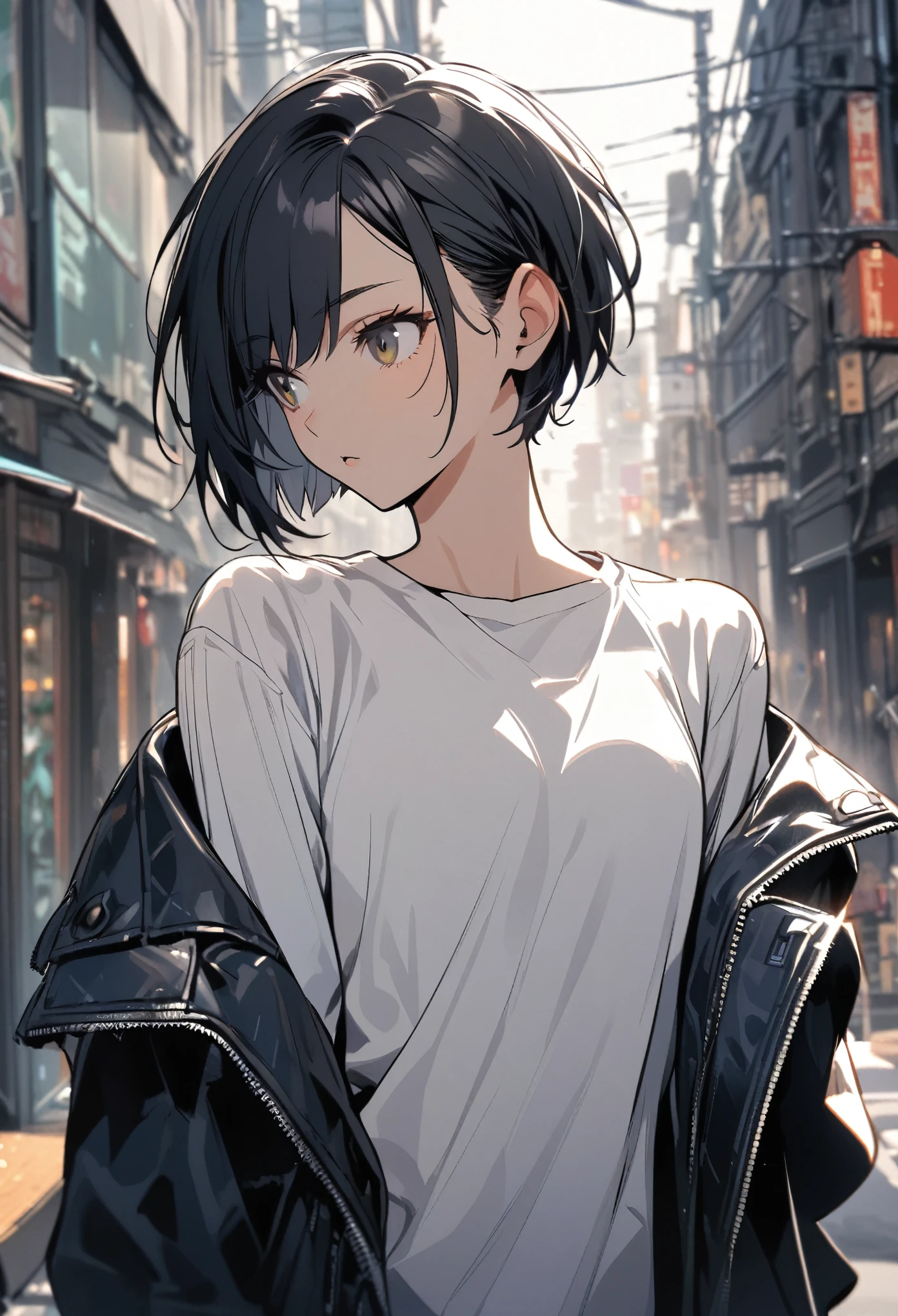 black hair, white shirt, jacket, 1girl, short hair, boyish, stylish, bright