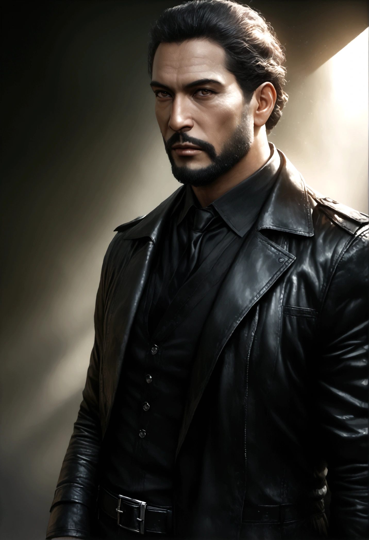 a muscular man with short black hair combed back,black eyes,black beard,wearing a full black suit with an open black trench coat,black belt and black gloves,Delgado,25 years old,(best quality,4k,8k,highres,masterpiece:1.2),ultra-detailed,(realistic,photorealistic,photo-realistic:1.37),chiaroscuro lighting,dramatic lighting,cinematic,dark moody atmosphere,high contrast
