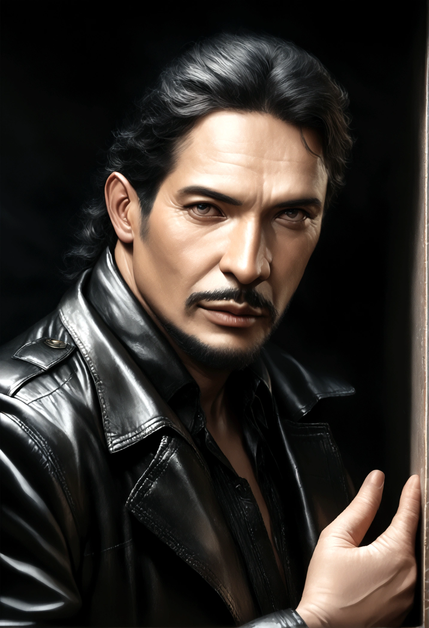 a muscular man with short black hair combed back,black eyes,black beard,wearing a full black suit with an open black trench coat,black belt and black gloves,Delgado,25 years old,(best quality,4k,8k,highres,masterpiece:1.2),ultra-detailed,(realistic,photorealistic,photo-realistic:1.37),chiaroscuro lighting,dramatic lighting,cinematic,dark moody atmosphere,high contrast