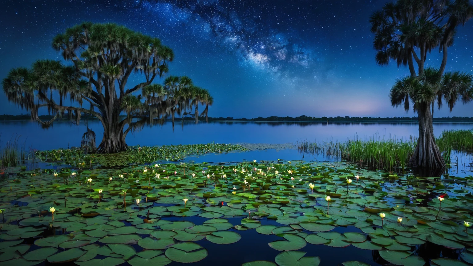 The murky swamps of Louisiana、Cypress Tree々Surrounded by, A huge lake covered with water lilies, Palmetto bush, Night Sky, at night, background