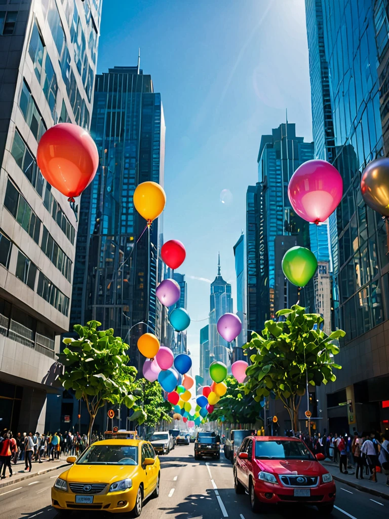 A high-resolution image featuring colorful balloons floating in a modern city with towering skyscrapers. The balloons are in vibrant colors such as red, blue, green, yellow, pink, and purple. Each balloon emits a soft glow, creating a shimmering effect. The balloons vary in size, from tiny to large, adding depth and texture to the scene. They float gently and move smoothly through the air. The sky is clear and blue, giving a sense of vastness and openness. The backdrop is a modern cityscape with tall skyscrapers made of glass and steel. The buildings reflect sunlight, creating bright spots and shadows. Below, the streets are bustling with traffic, pedestrians, and green trees lining the roads. Natural sunlight illuminates the scene, casting natural highlights and shadows. The combination of the glowing balloons and the natural light creates a mesmerizing and enchanting effect