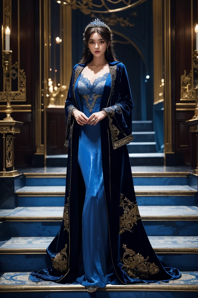 Beautiful woman standing on stairs in blue dress, fantasy long intricate outerwear, long outerwear, wearing an evening outerwear, From the Victorian nobility, wearing long outerwear, long luxurious outerwear, Chassis, wearing a fantasy suit, outerwear, velvet with lace outerwear, royal elegant pose, Elegant Gothic princess,
