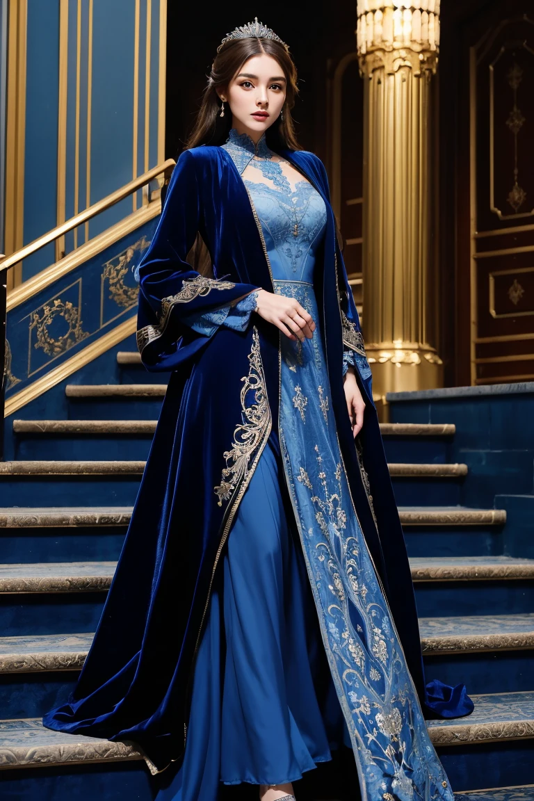 Navy-colored velvet dress designed in an Arabic style mixed with a Victorian style, with lace sleeves and lace in the front of the dress. In the middle, there is lace along the length of the dress.