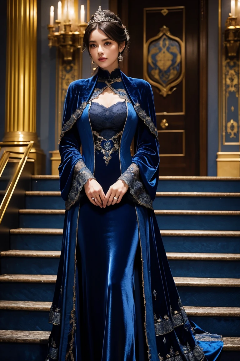 Beautiful woman standing on stairs in blue dress, fantasy long intricate outerwear, long outerwear, wearing an evening outerwear, From the Victorian nobility, wearing long outerwear, long luxurious outerwear, Chassis, wearing a fantasy suit, outerwear, velvet with lace outerwear, royal elegant pose, Elegant Gothic princess, 