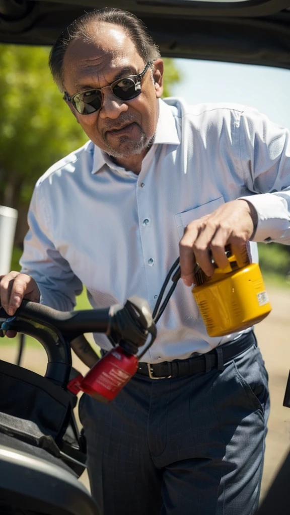  an old man fills diesel fuel in a 4x4 car