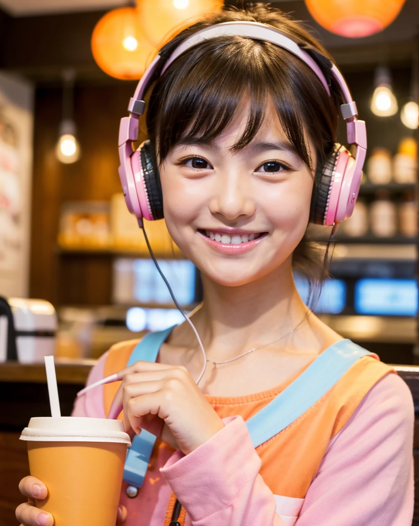 Looking straight ahead and smiling, Ultra HD、128k、Masterpiece、Cute little kindergarten girl studying in a coffee shop while listening to music on headphones、orange juice, clavicle, RAW Photo、Cute girl in pink clothes with white collar、Hands on headphones, Warm lighting、Beautiful night view、Japanese anime style, Smile