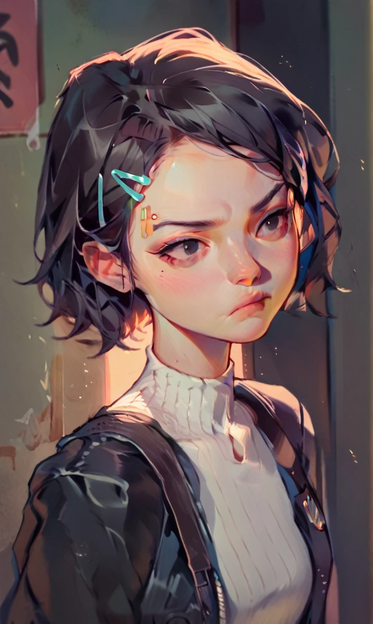 (score_9, score_8_up), score_7_up, score_6_up, score_5_up, score_4_up, Zenko, 1girl, black hair, half-length portrait, hair ornament, hairclip, black eyes, short hair, black leather jacket, white dress, standing, hands behind back, looking away, pout, white socks, black footwear, cheeks, pout, indoors, bedroom, close-up xaxaxa