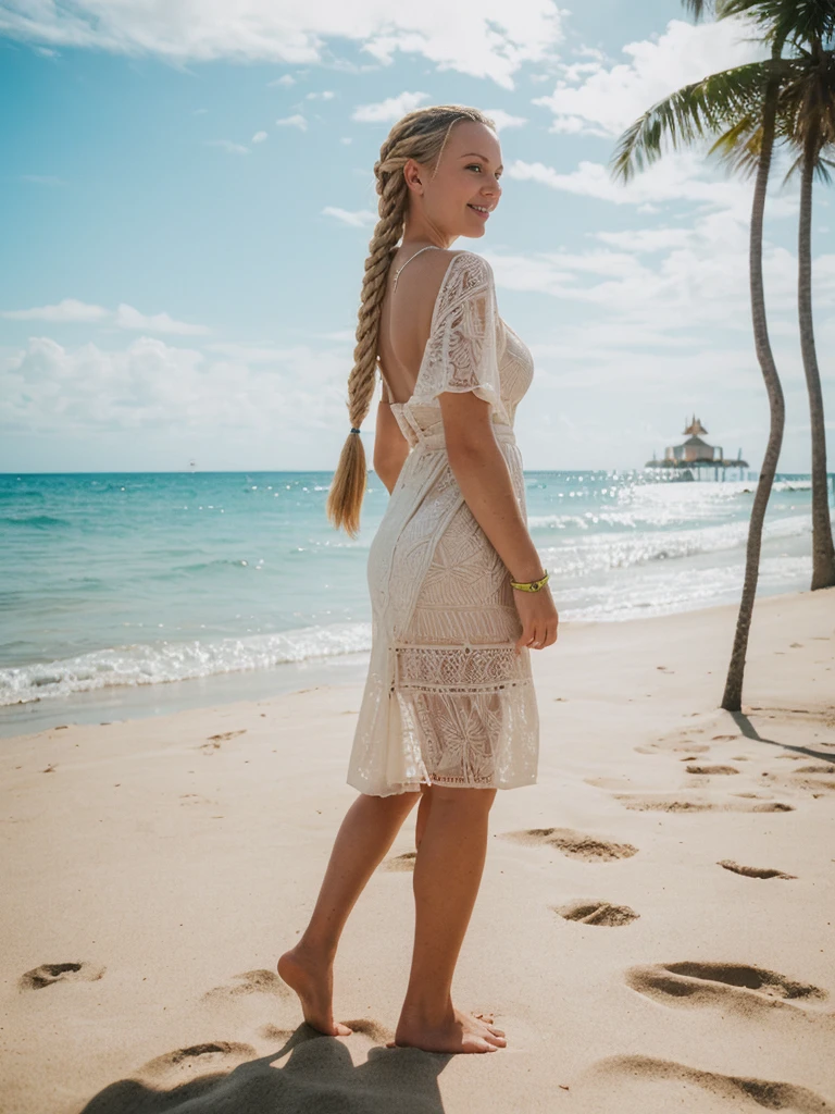 solo, realistic, photorealistic, natural lighting, (large forehead, (((Latvian woman))), (((Latvian nose))), (((Latvian eyes))), (((blonde))), (((braids))), (((Latvian face))), (((Latvian lips))), (((Latvian body))), (((fair complexion))) pose: standing, smiling, wearingMesh Overlay Dress, cleavage, background: Stretching along a pristine stretch of sandy coastline, the Beachfront Music Festival epitomizes the carefree spirit of summer with a lineup of surf rock, reggae, and indie bands. Stages are strategically positioned against a backdrop of crashing waves and panoramic ocean views, while palm trees sway gently in the sea breeze. Attendees lounge on beach towels or sway barefoot in the sand, soaking up the sun and grooving to laid-back tunes that evoke a sense of relaxation and seaside bliss. Food trucks offer seafood delicacies and tropical cocktails, enhancing the festival's beach party vibe and creating a memorable fusion of music, sun, and surf.