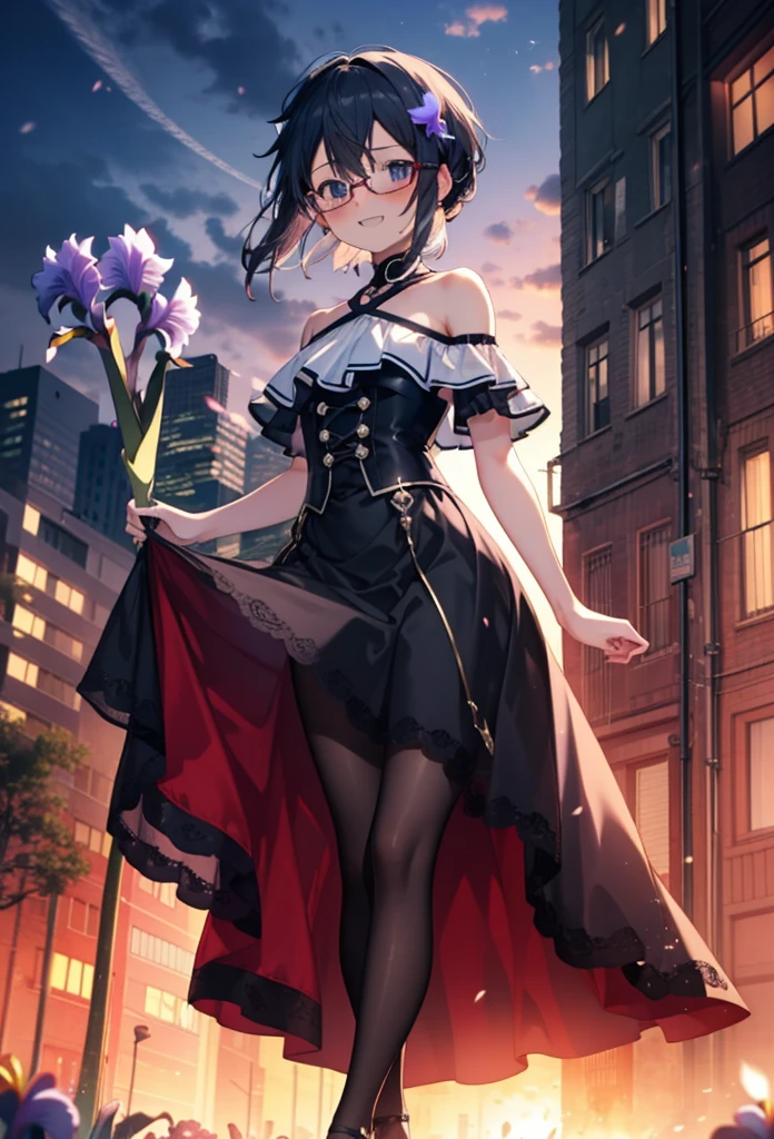 chino asada, Shino Asada, (Iris:1.5), Black Hair, Hair between the eyes, hair ribbon, short hair, Side Lock, Glasses, (Small breasts:1.2),happy smile, smile, Open your mouth,blush,Cold shoulder tops,Short sleeve,Long skirt,Black pantyhose,Stiletto heels,Walking,whole bodyがイラストに入るように,Daytime,Clear skies,
break looking at viewer,whole body,
break outdoors, Building district,
break (masterpiece:1.2), Highest quality, High resolution, unity 8k wallpaper, (figure:0.8), (Beautiful attention to detail:1.6), Highly detailed face, Perfect lighting, Highly detailed CG, (Perfect hands, Perfect Anatomy),