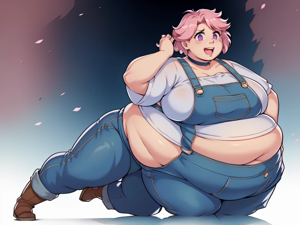 (Looking at viewer:1.2), (black pupils)Mouth open, parted lip s, mouth wide open, sticking out tongue, exposed belly, slutt (Pale skin:1.0)Up close, Holding belly, hands on belly, outgro wn clothes,Pale skin,fat, farm backround, upper body, lookin g at viewer, 1girl, solo, short pink hair, (dark blue choker), (d ark blue denim overalls), (purple eyes), (pink boots), (white s houlder lantern sleeve blouse, tucked in pants, Round face, d ouble chin, fat chin, fat cheeks, fat neck, round face, SSBB W, flabby arms, round face, double chin, fat double chin, big double chin, fat neck, chubby cheeks, fat thighs, fat calves, morbidly obese, flabby, giant, large belly, obese, fat face, b elly, double chin, obesity, flabby breasts, fat arms and legs, f at everything,