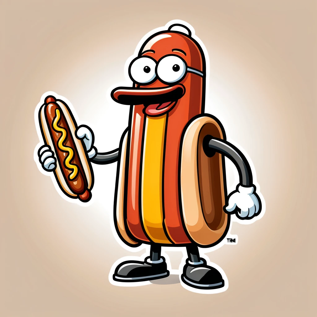 Generate a logo mascot of a Hotdog Man for a restaurant where hotdogs and hamburgers are served. The drawing style has to be that of the "Futurama" series