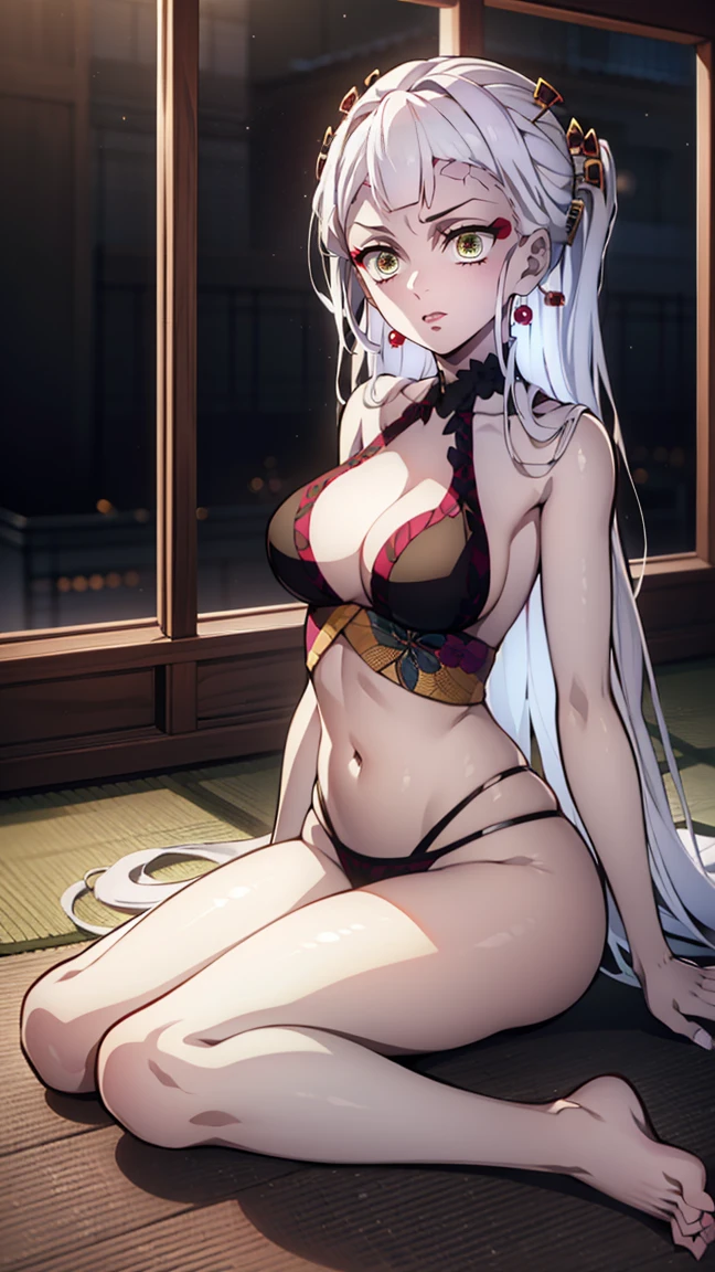 One Demon Girl, looks at the camera, Portrait of a girl, Beautiful waist, night, ancient japan, very sexy, grin, fangs обножены, mouth open, fangs, smile, White hair, erotica, very sexy, beautiful body is completely visible, masterpiece, Best quality, full length (Full body 1.1.), Beautiful waist, good feet, high quality, long hair, White hair. Highly detailed face, depth of field, HDR, very detailed, ray tracing, whole body, dark fantasy, Demon's tattoo, very beautiful, Beautiful ., 1 girl, solo, I look at the viewer, black hair, hair ornament, jewelry, closed mouth, green eyes, yellow eyes, japanese clothes, kimono, draw up, pomade, slit pupils, Brilliant eyes, wicked, Red lips, hair stick