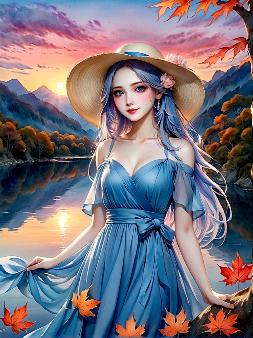 ((masterpiece, best quality))，(Very detailed)，(watercolor:1.2), 1 cute girl，straw hat，flowering，Light blue hair，Very long hair，Water blue eyes，flat chest，shut your mouth，Smile，(A blue dress:1.3)，Bare shoulders，bow tie，Side Angle，Autumn scenery，Leaving is，maple，dusk，River bank，reflection on the lake，The sky is full of colors，Orange-red sunset，The afterglow diverges，Mountain，远Mountain，contour， (Vibrant colors，Warm light source:1.2), (forest，Bare branches:1.2，(Very detailed的 CG 统一，8k wallpaper)，(Implications：1.0)，Intricate details，Epic Works，Realistic lighting，High-resolution details，(Beautiful wildlife and natural wonders，Lights shine)，(((Anatomically correct, precise, High Detail, best quality)))，Dark theme elements, Pencil Sketch