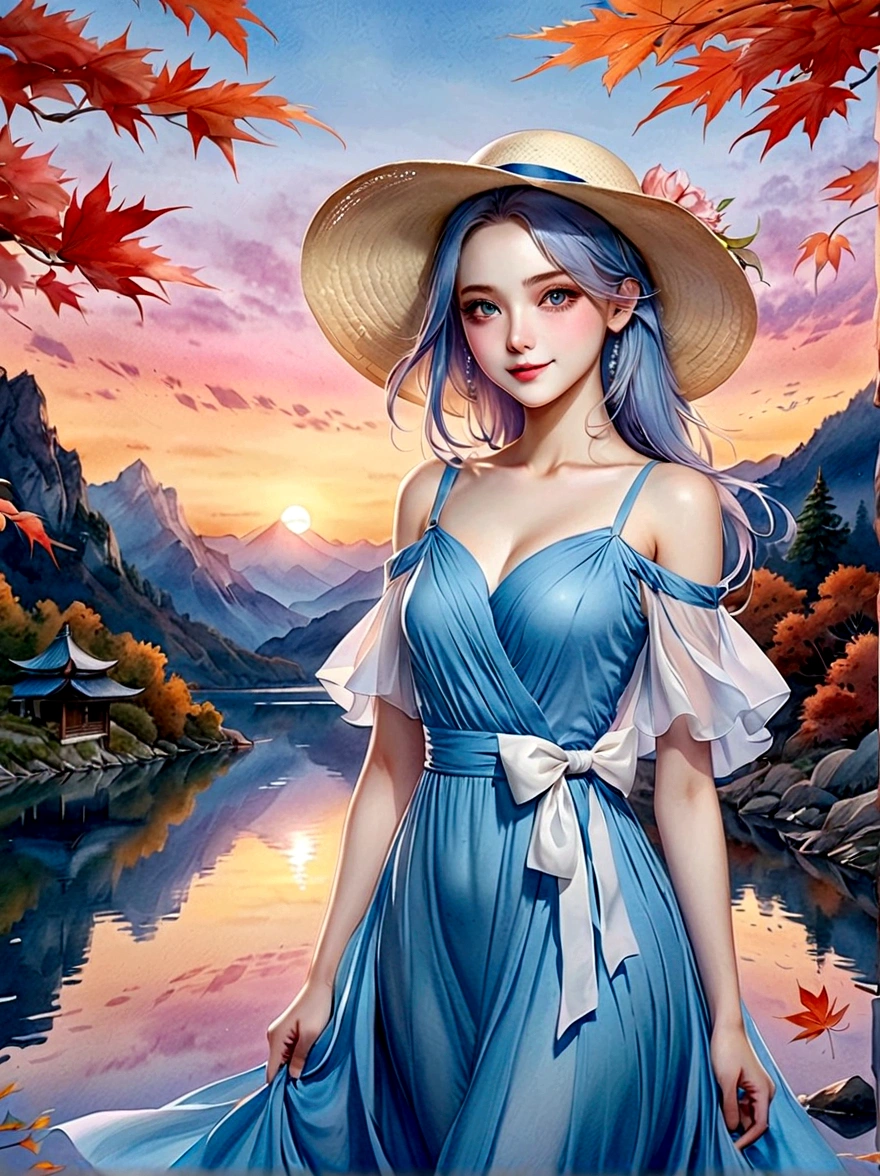 ((masterpiece, best quality))，(Very detailed)，(watercolor:1.2), 1 cute girl，straw hat，flowering，Light blue hair，Very long hair，Water blue eyes，flat chest，shut your mouth，Smile，(A blue dress:1.3)，Bare shoulders，bow tie，Side Angle，Autumn scenery，Leaving is，maple，dusk，River bank，reflection on the lake，The sky is full of colors，Orange-red sunset，The afterglow diverges，Mountain，远Mountain，contour， (Vibrant colors，Warm light source:1.2), (forest，Bare branches:1.2，(Very detailed的 CG 统一，8k wallpaper)，(Implications：1.0)，Intricate details，Epic Works，Realistic lighting，High-resolution details，(Beautiful wildlife and natural wonders，Lights shine)，(((Anatomically correct, precise, High Detail, best quality)))，Dark theme elements, Pencil Sketch